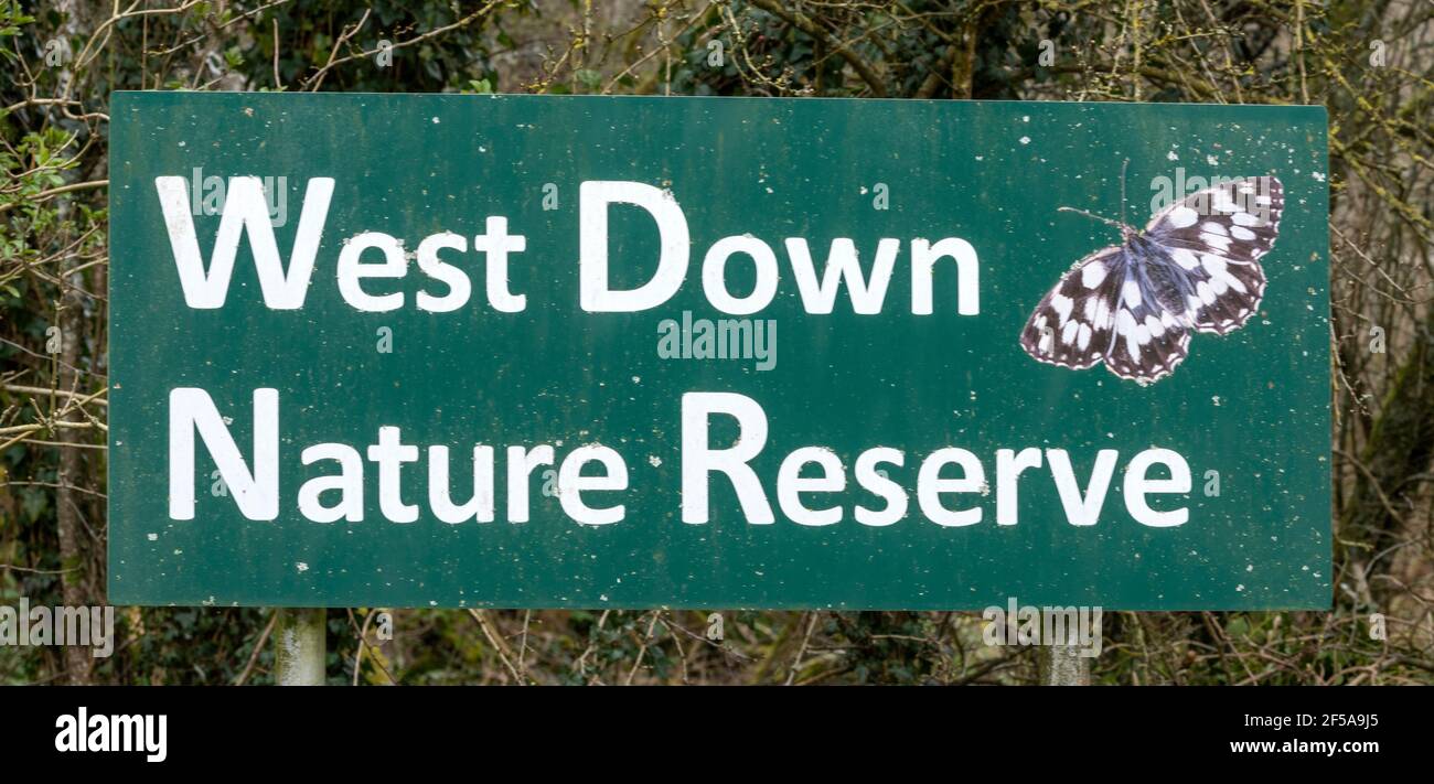 Eintrittsschild am West Down Nature Reserve, in der Nähe von Chilbolton, Hampshire, England, Großbritannien Stockfoto