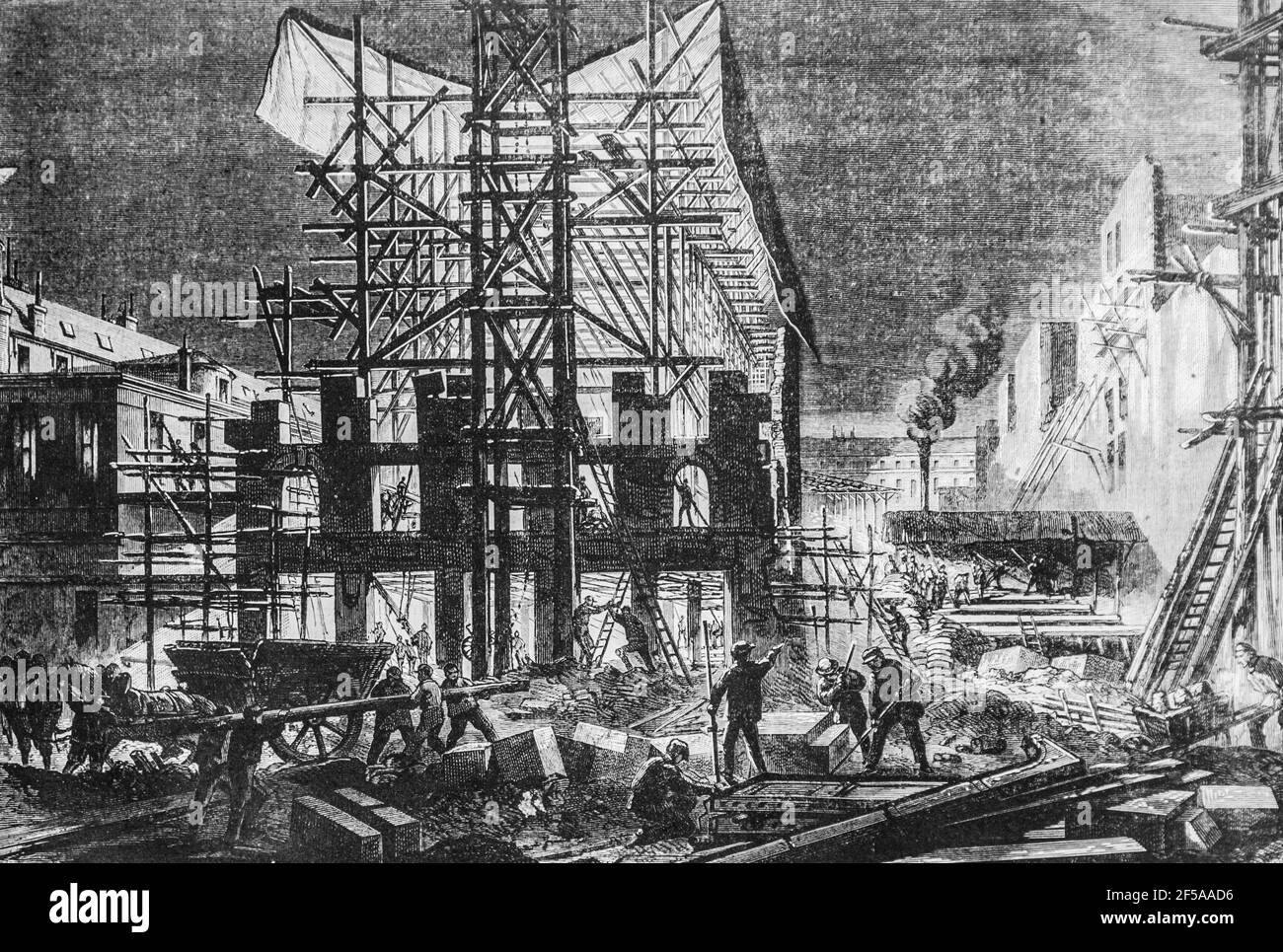 Travaux de nuit pour la construction destines aux nouveaux moniteurs ,l'univers illustre,editeur michel Levy 1868 Stockfoto