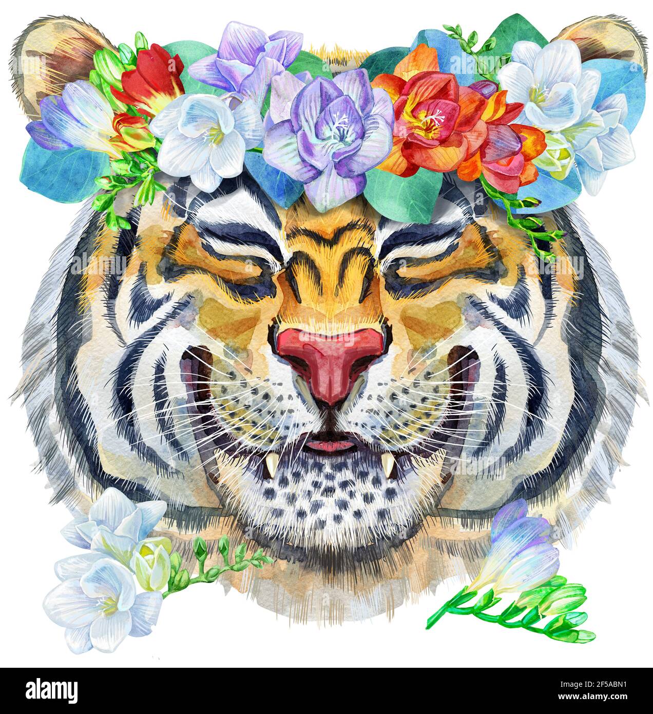 Aquarell Illustration von orange lächelnden Tiger in einem Kranz von Pfingstrosen Stockfoto