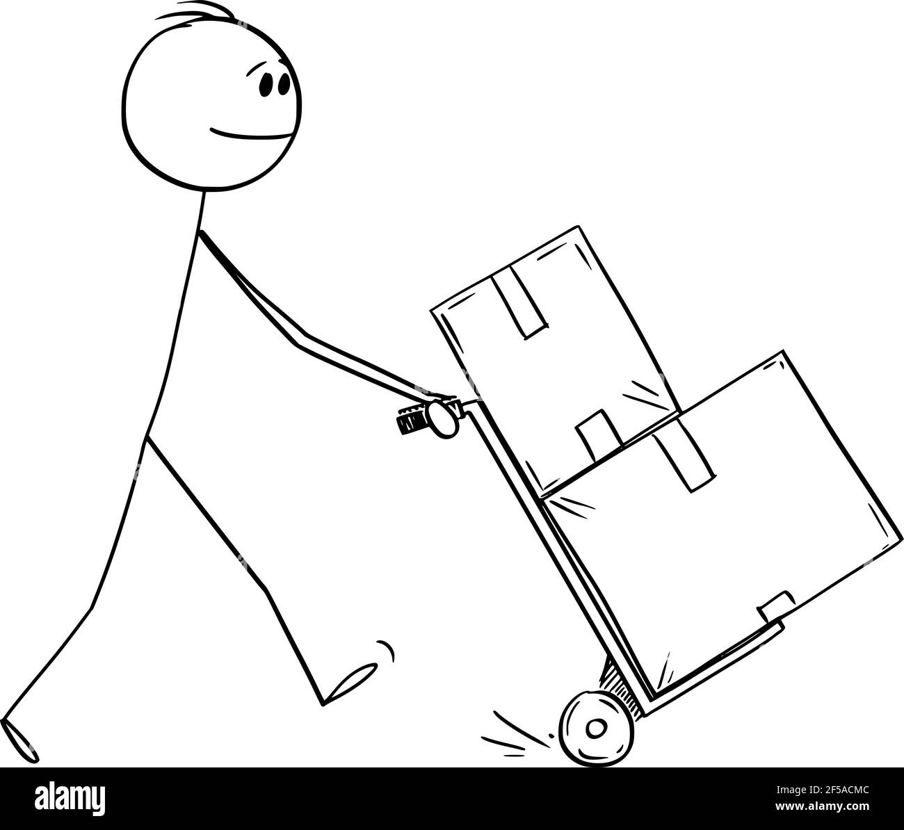 Mann schiebt Hand LKW, Konzept der Lieferung, Logistik oder bewegen. Vektor Cartoon Stick Abbildung Stock Vektor