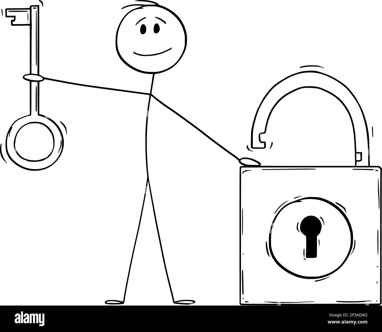 Mann hält Schlüssel und Schloss, Sicherheitskonzept, Vektor Cartoon Stick Abbildung Stock Vektor