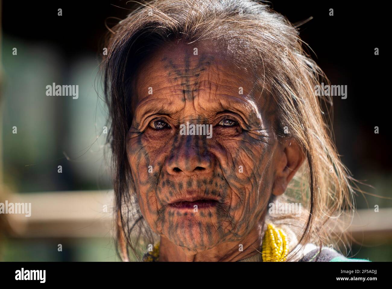 Ältere Frau mit traditionellen Gesichts-Tattoo, Minhat, Myanmar Stockfoto