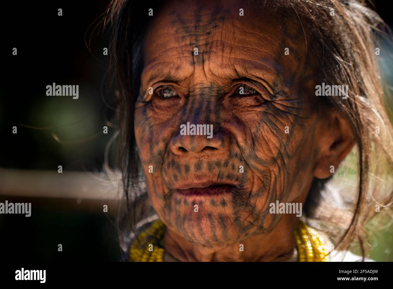 Porträt von älteren Frauen mit Gesichts-Tattoo, Minhat, Myanmar Stockfoto