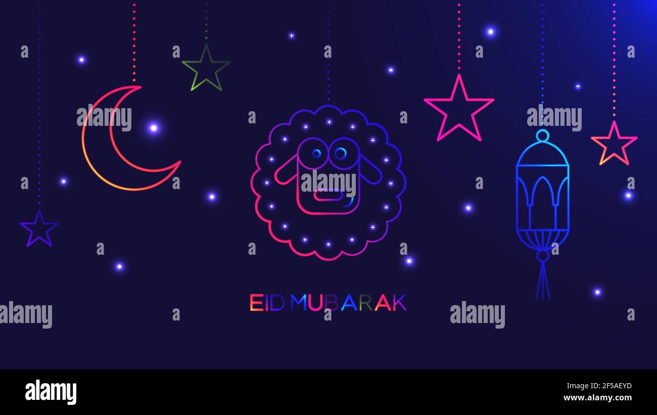 Eid Mubarak abstrakter Lichthintergrund mit leuchtenden neonfarbenen Schafen, Sternen, Mond und islamischer Laterne Stock Vektor