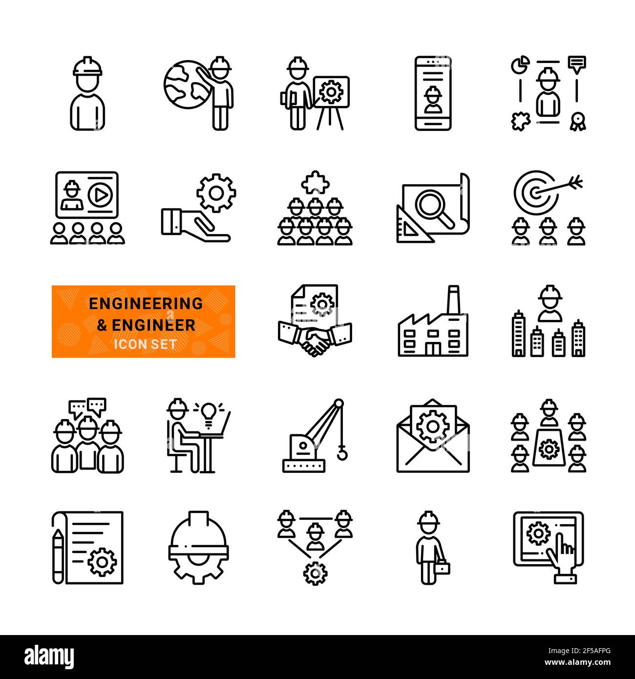 Set von Engineering und Ingenieur Vektor-Linie Symbole.enthält einfache Umriss dünnen Web wie Symbole wie technische Aktivität, Konstruktion, Kommunikation und Stock Vektor