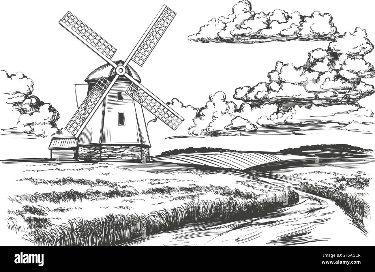 Windmühle auf dem Feld, Landschaft, Sommerlandschaft, handgezeichnete Vektorgrafik realistische Skizze. Stock Vektor