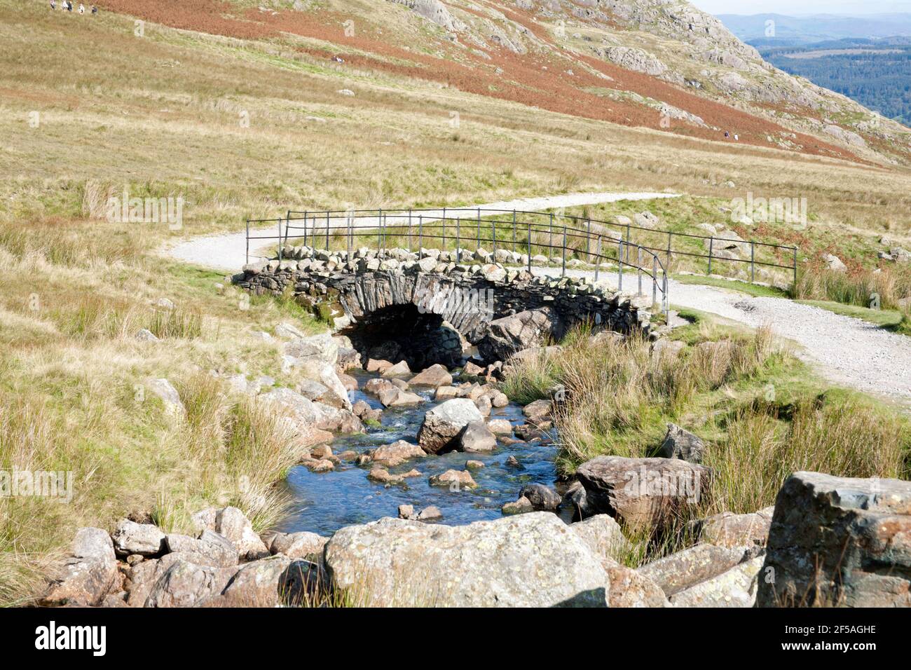 Torver Brücke über Torver Beck auf der Walna Scar Rd Unter Dow Crag und dem alten Mann von Coniston die Lake District Cumbria England Stockfoto