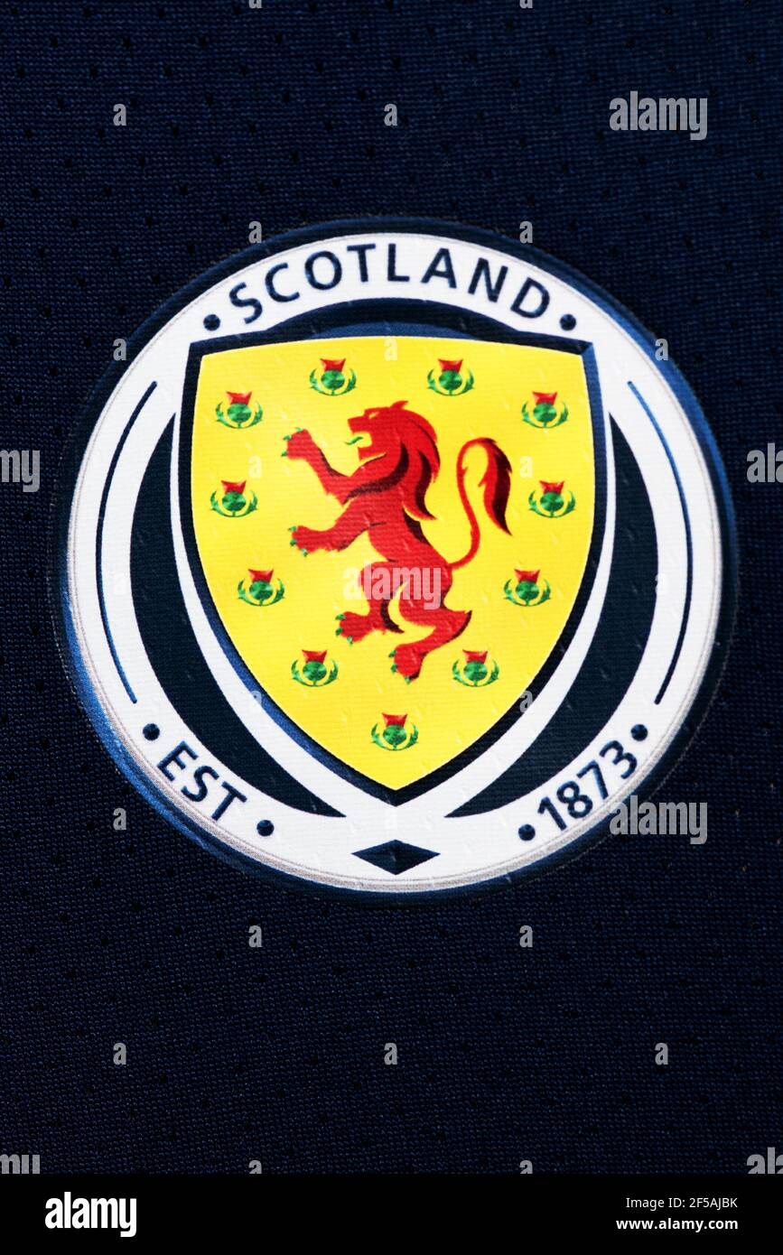 Nahaufnahme des Fußballtrikots der schottischen Nationalmannschaft Stockfoto