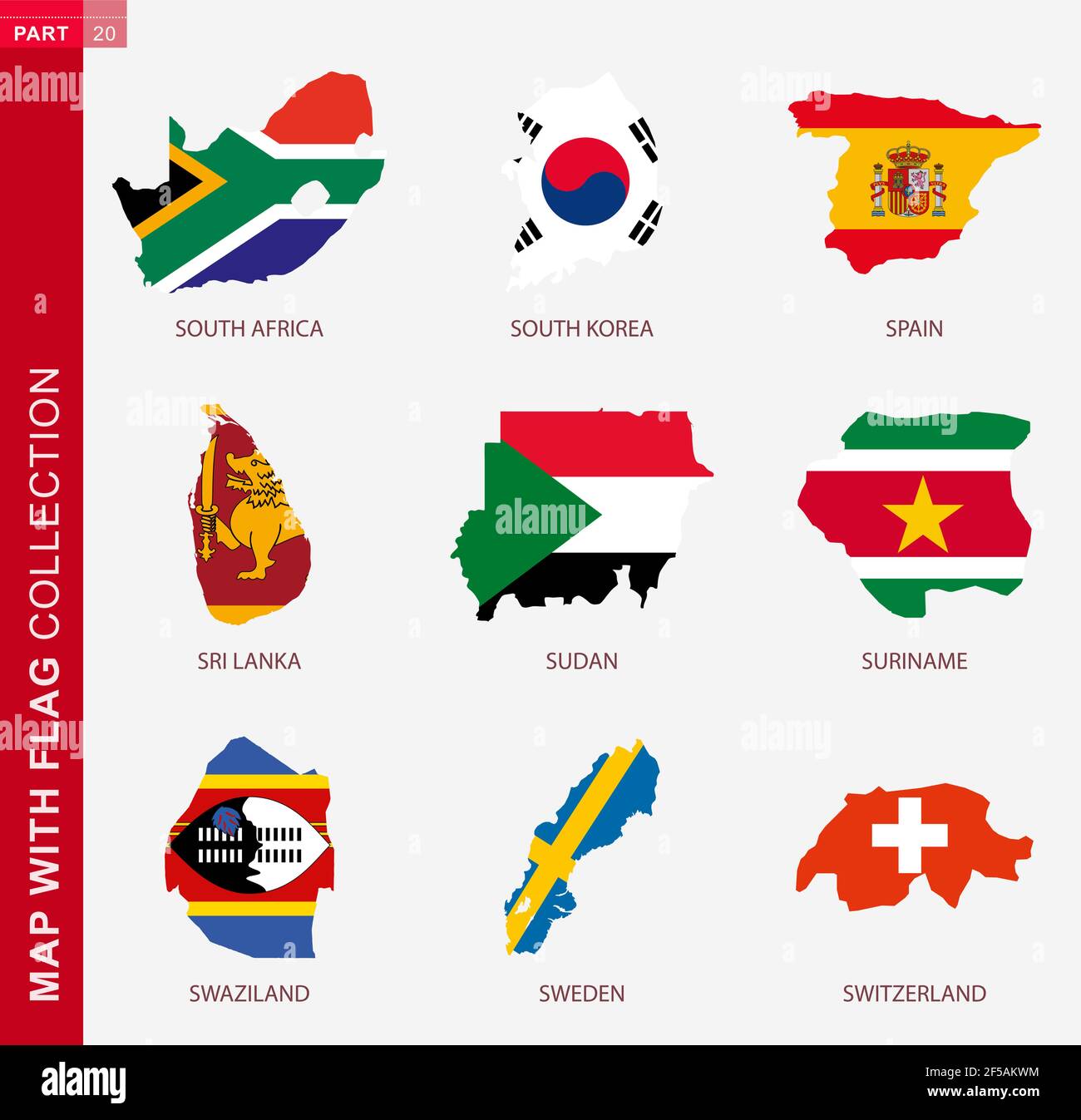 Karte mit Fahnensammlung, neun Kartenkontur mit Flagge von Südafrika, Südkorea, Spanien, Sri Lanka, Sudan, Suriname, Swasiland, Schweden, Schweiz Stock Vektor