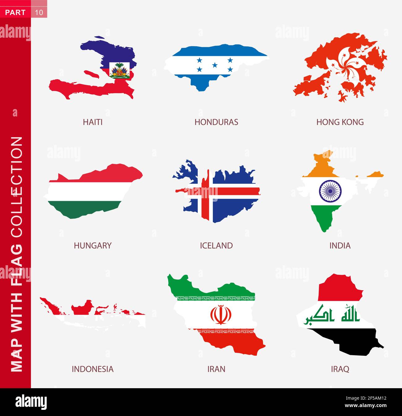 Karte mit Fahnensammlung, neun Kartenkontur mit Flagge von Haiti, Honduras, Hongkong, Ungarn, Island, Indien, Indonesien, Iran, Irak Stock Vektor
