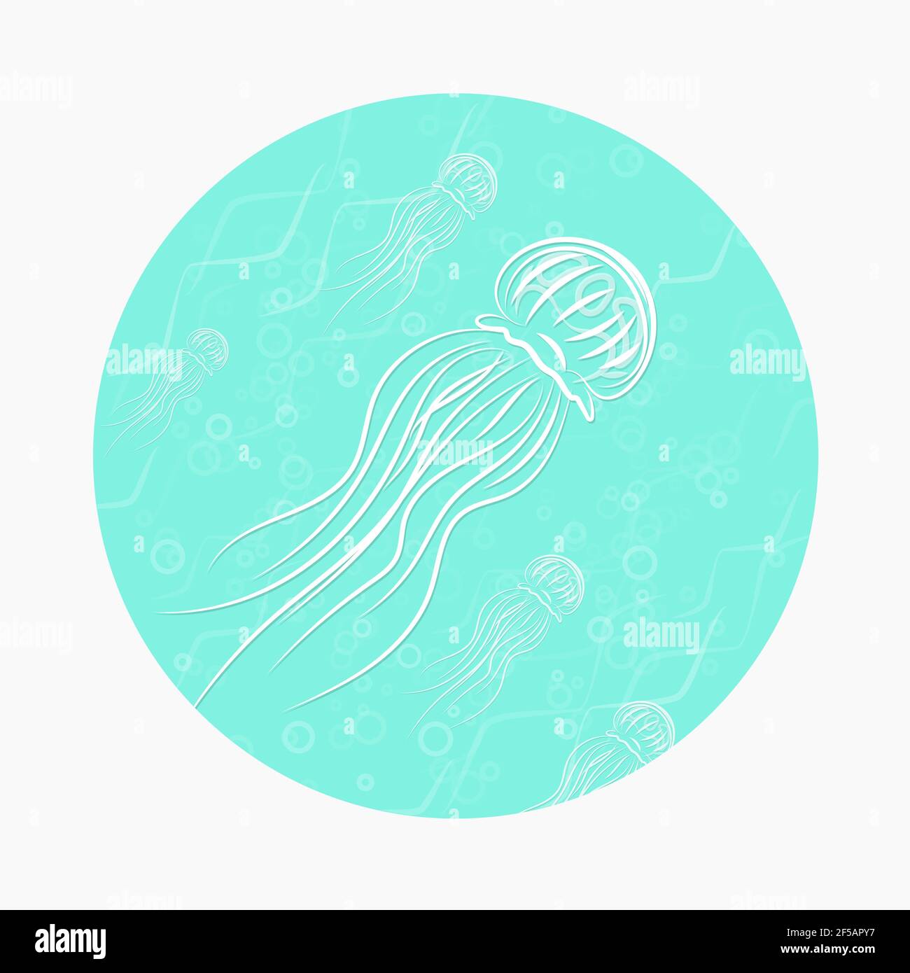 Medusa (Qualle) in einem türkisfarbenen Kreis. Vektorgrafik für Seefahrt. Clipart EPS 10 in Form eines fertigen Symbols Stock Vektor
