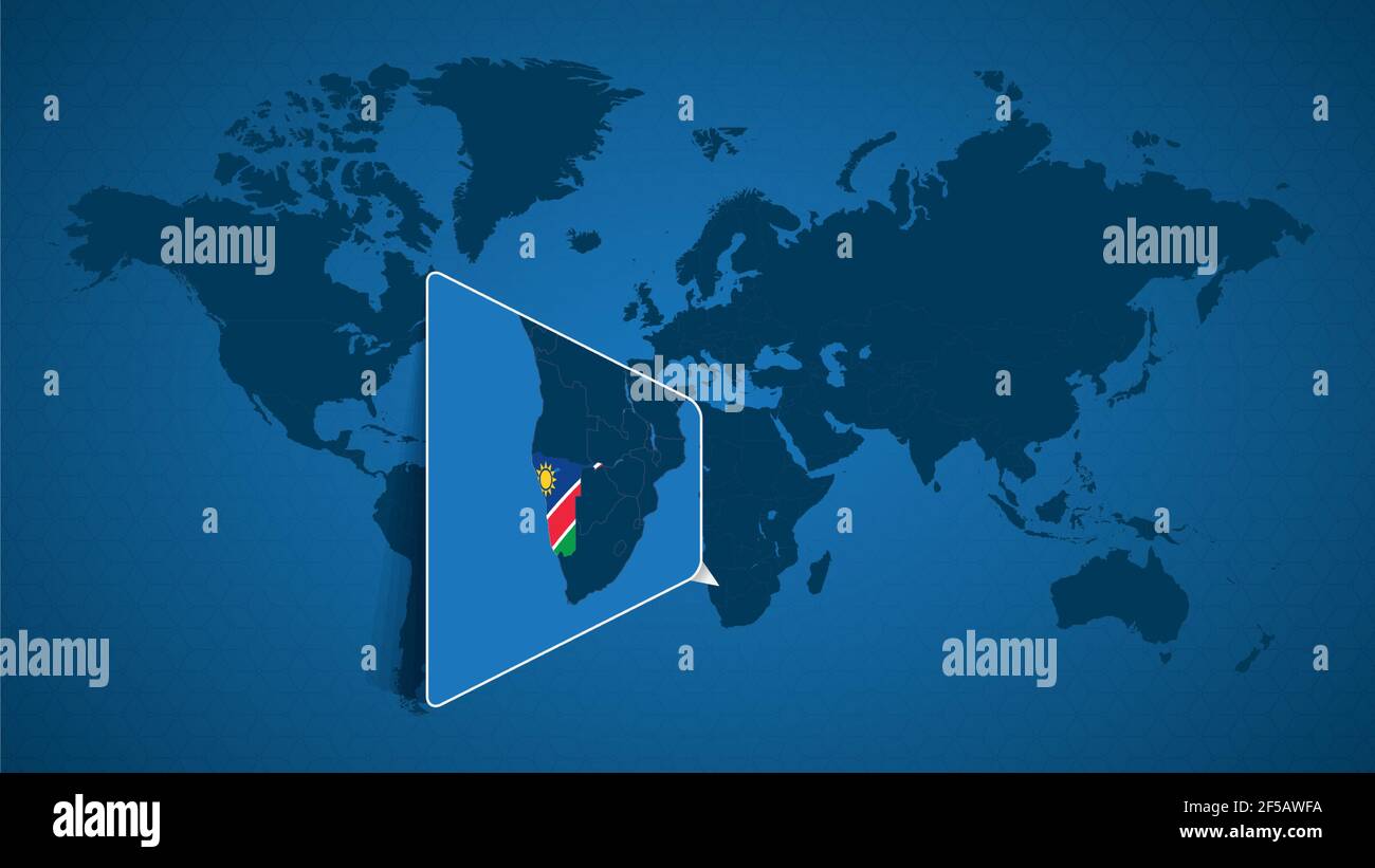 Detaillierte Weltkarte mit vergrößerter Karte von Namibia und den Nachbarländern. Namibia Flagge und Karte. Stock Vektor