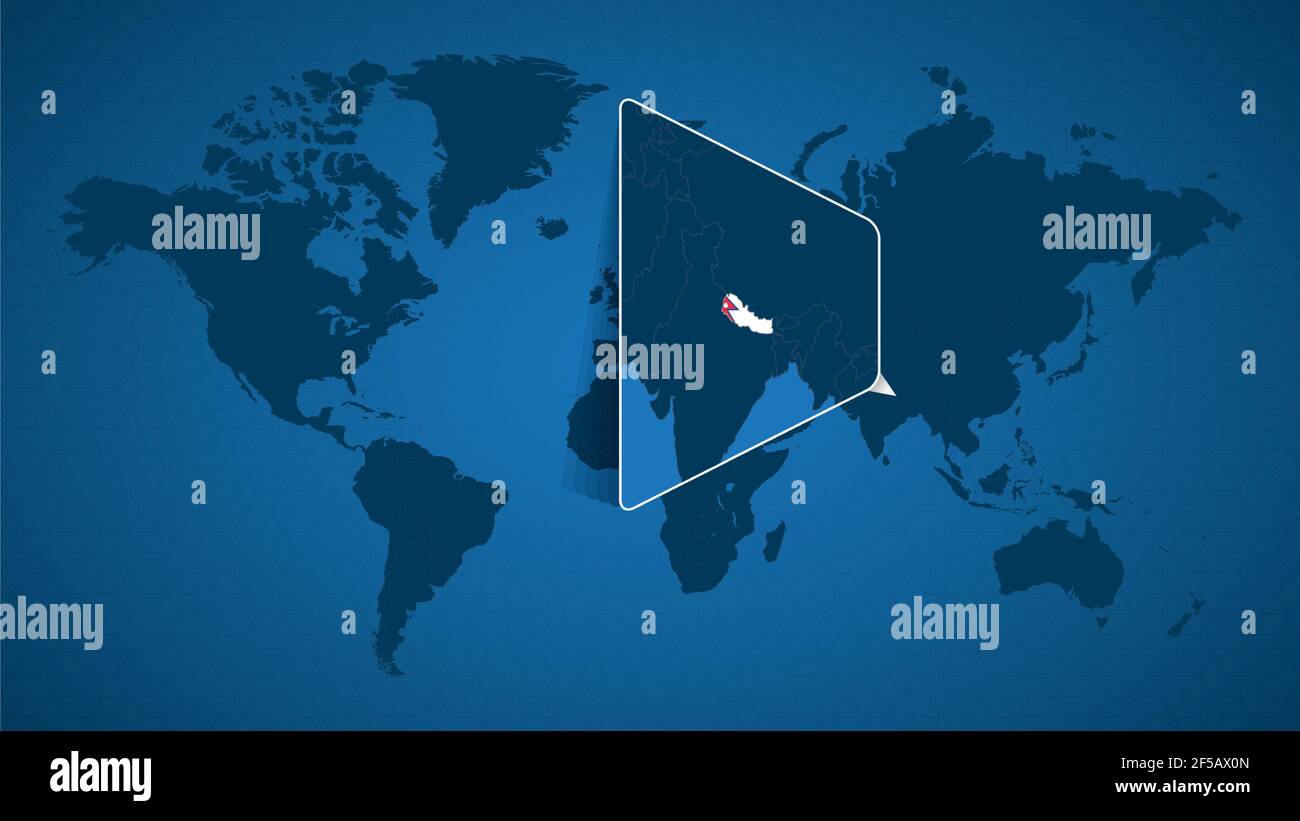 Detaillierte Weltkarte mit vergrößerter Karte von Nepal und den Nachbarländern. Nepal Flagge und Karte. Stock Vektor