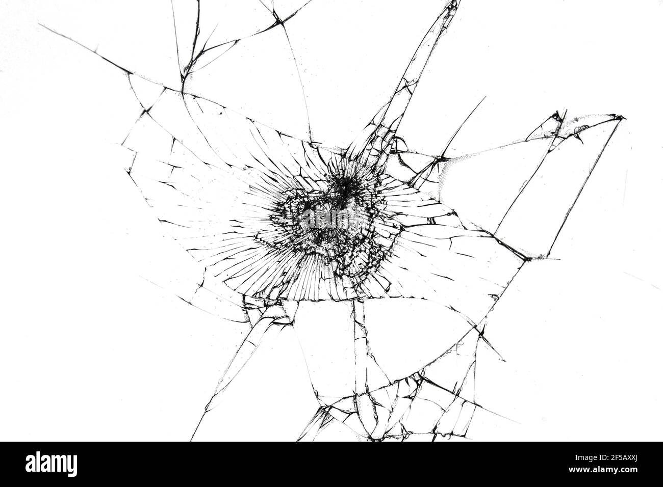 Textur von gebrochenem Glas auf weißem Hintergrund für Design isoliert gebrochen. Stockfoto