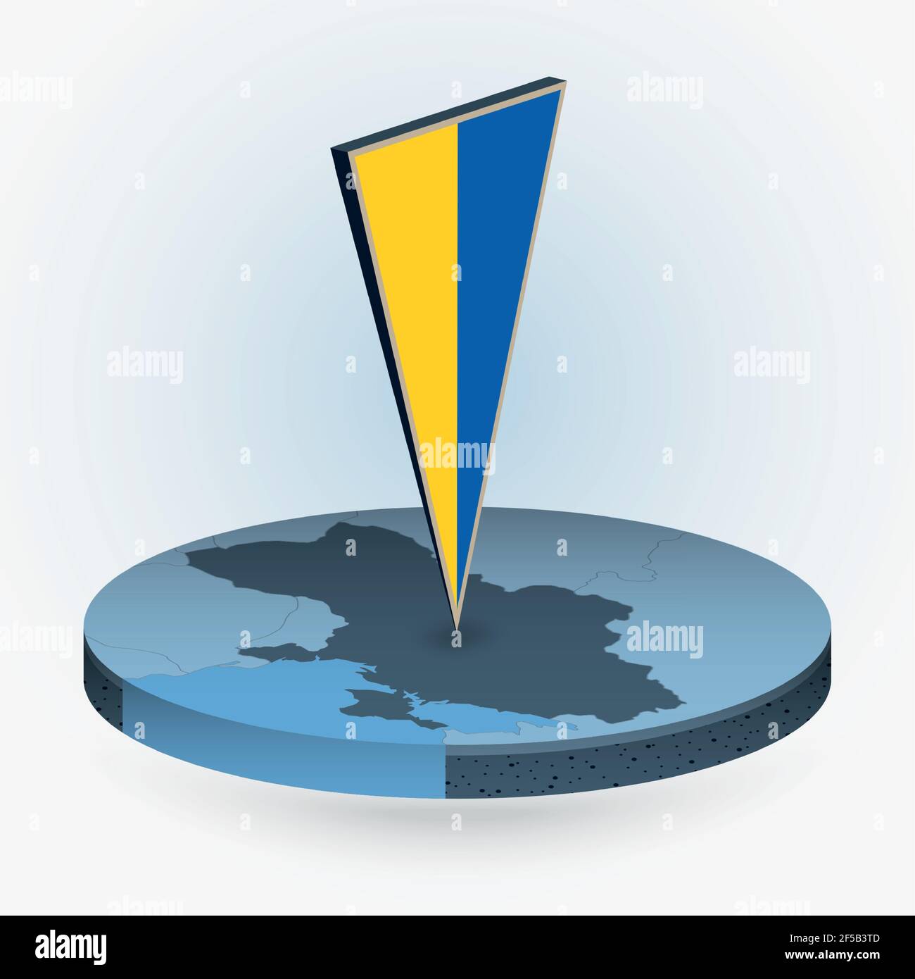 Ukraine-Karte im runden isometrischen Stil mit dreieckiger Flagge der Ukraine 3D, Vektorkarte in blauer Farbe. Stock Vektor