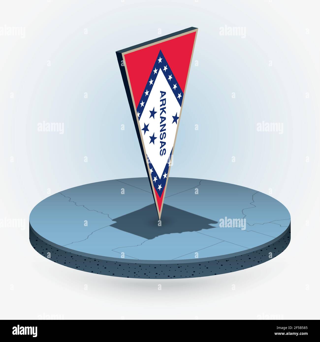 Arkansas Karte im runden isometrischen Stil mit dreieckiger 3D Flagge des US-Bundesstaates Arkansas, Vektorkarte in blauer Farbe. Stock Vektor