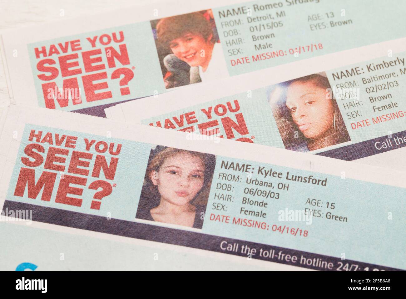 Haben Sie mir eine Anzeige von vermissten Personen gesehen? - Vermisste Kinder, Vermisste, Vermisste - USA Stockfoto