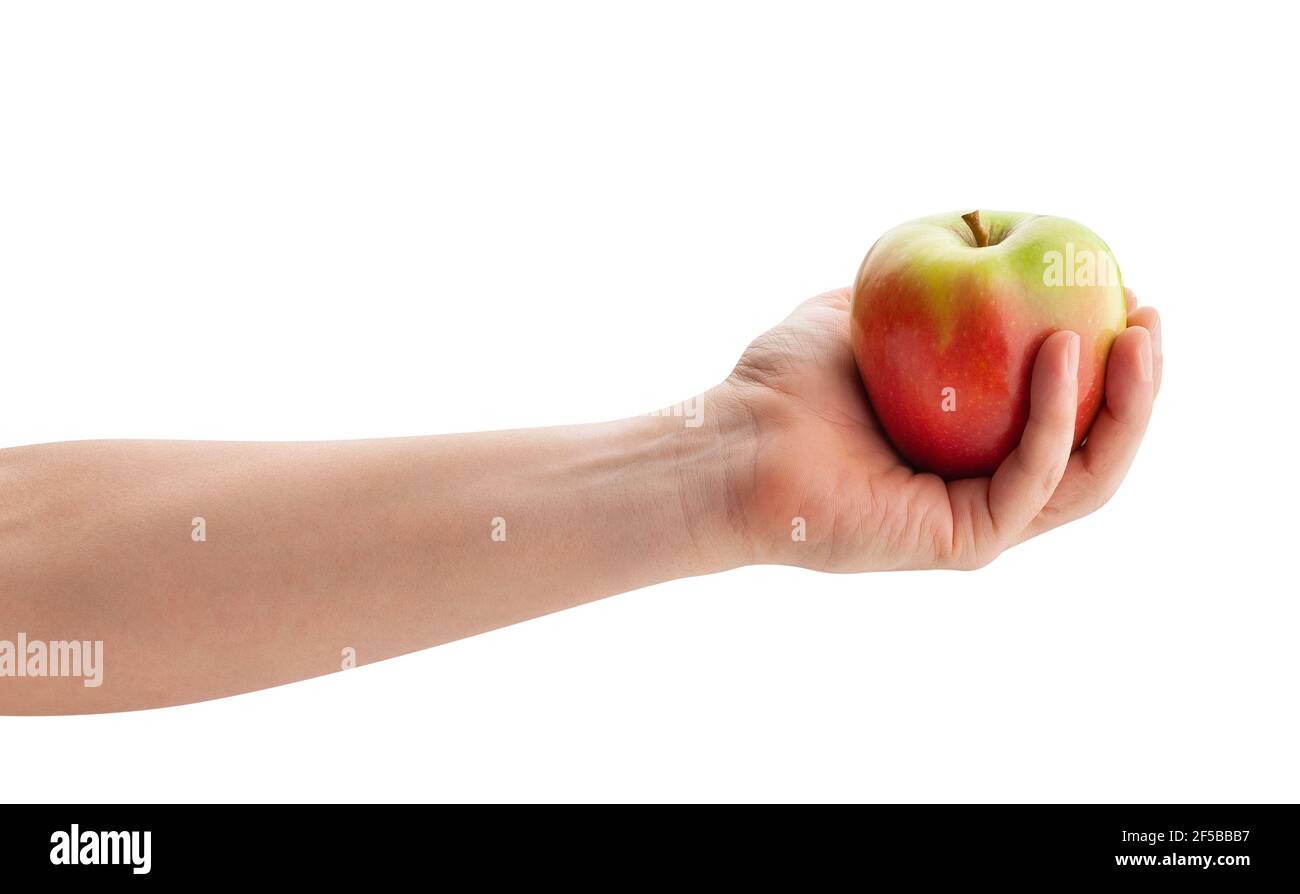 Rot grüner Apfel in der Hand Weg isoliert auf weiß Stockfoto