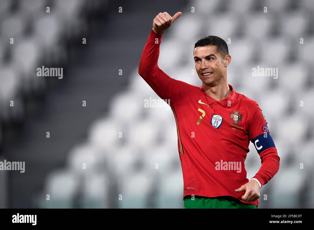 Turin Italien 24 Marz 2021 Cristiano Ronaldo Von Portugal Gesten Wahrend Der Fifa World Cup 2022 Katar Qualifying Fussballspiel Zwischen Portugal Und Aserbaidschan Portugal Steht Aserbaidschan An Einem Neutralen Ort In