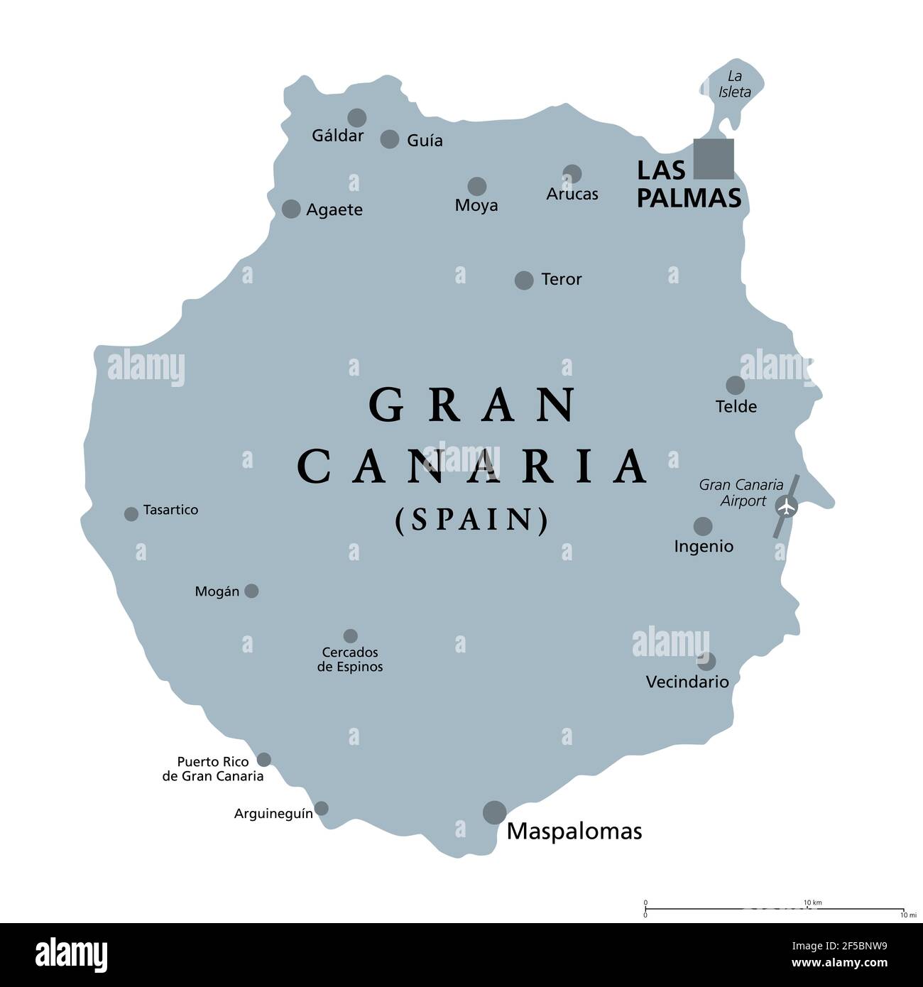Graue politische Landkarte von Gran Canaria mit der Hauptstadt Las Palmas und wichtigen Städten. Grand Canary Island, Teil von Spanien. Stockfoto