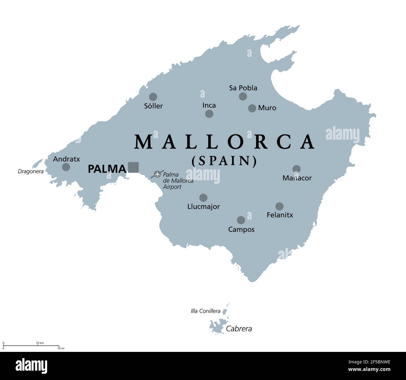 Mallorca, graue politische Karte, mit Hauptstadt Palma und wichtigen Städten. Mallorca, größte Insel der autonomen Gemeinschaft der Balearen, Spanien. Stockfoto