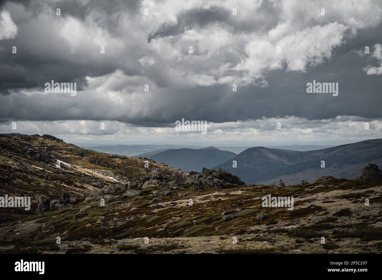 Schroffe alpine Aussichten wie auf dem Kosciuszko Wanderweg im Kosciuszko Nationalpark gesehen. Stockfoto