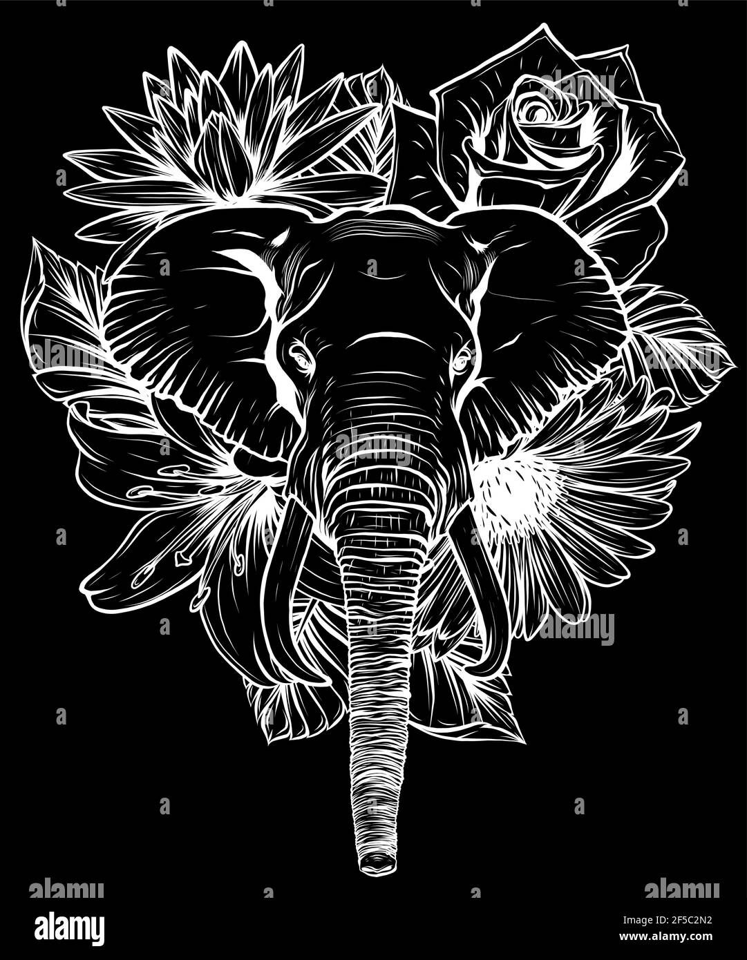 Vektor weiße Silhouette des Kopfes Elefant mit Blume. Stock Vektor