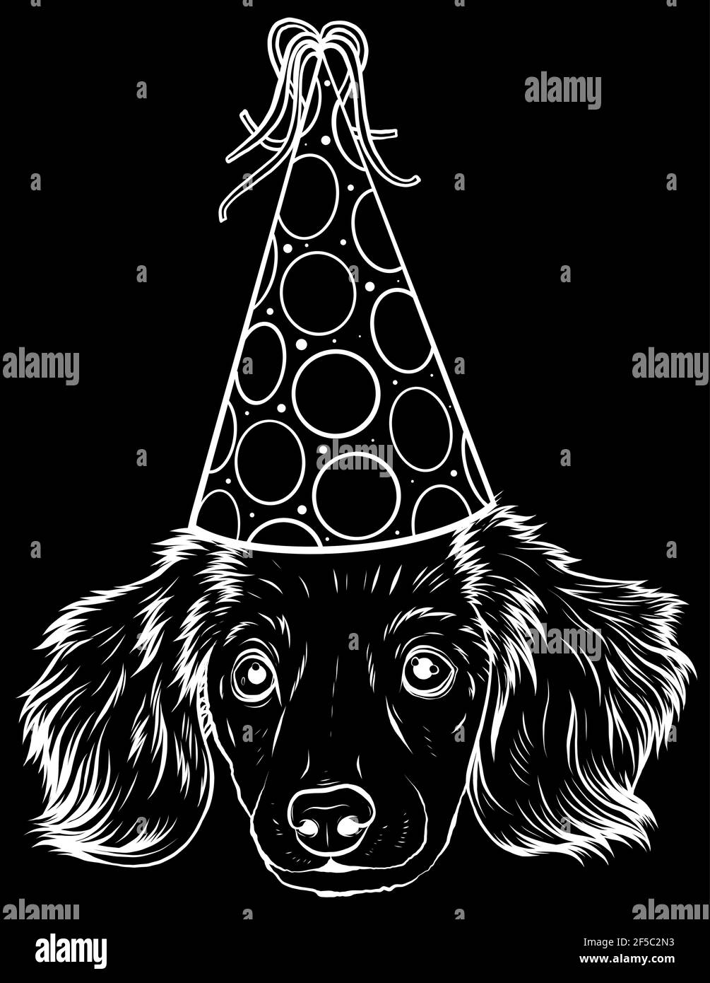 Weiße Silhouette von niedlichen kleinen Welpen mit Party Hut auf Schwarzer Hintergrund Stock Vektor