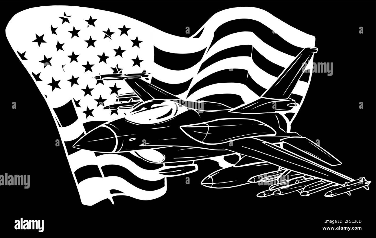 Weiße Silhouette von militärischen Kampfjets mit amerikanischer Flagge. Vektorgrafik Stock Vektor