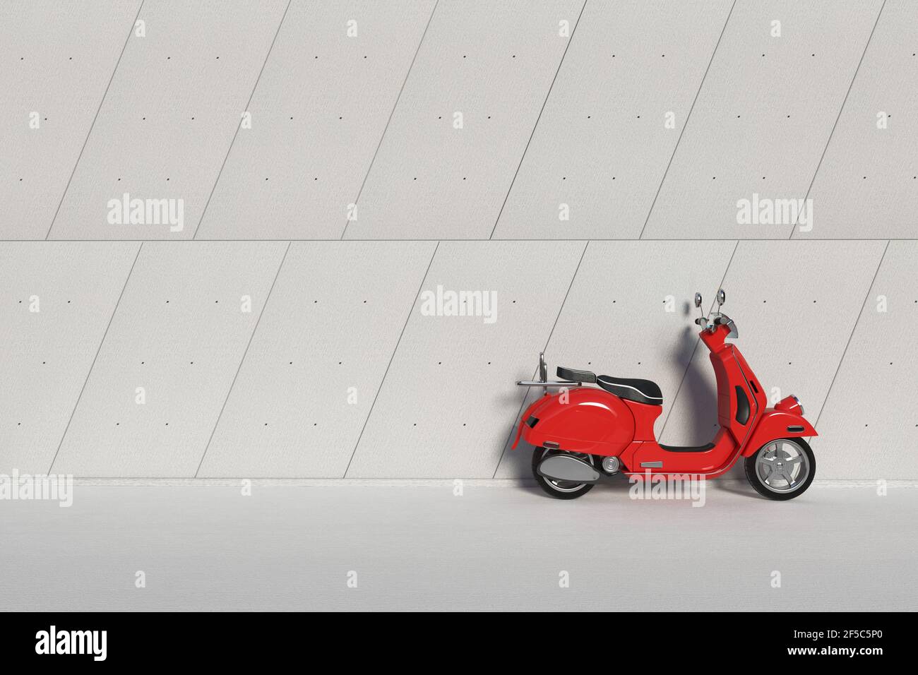Red Classic Vintage Retro oder Elektro-Scooter vor dem Industriegebäude Außenwände Betonwand extreme Nahaufnahme. 3D Rendering Stockfoto