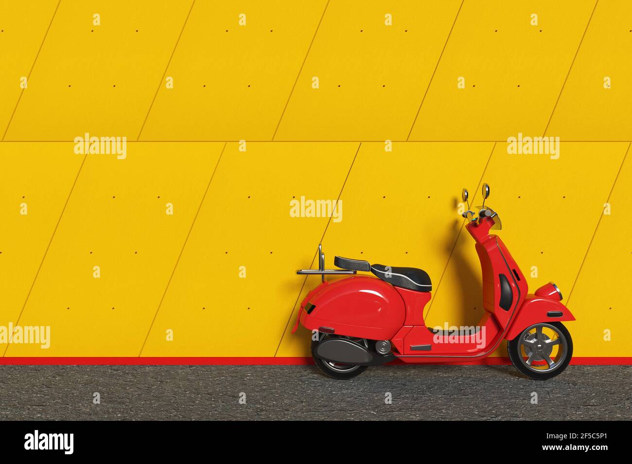 Red Classic Vintage Retro oder Elektro-Scooter vor dem Industriegebäude Außenwände Gelbe Betonwand extreme Nahaufnahme. 3D Rendering Stockfoto