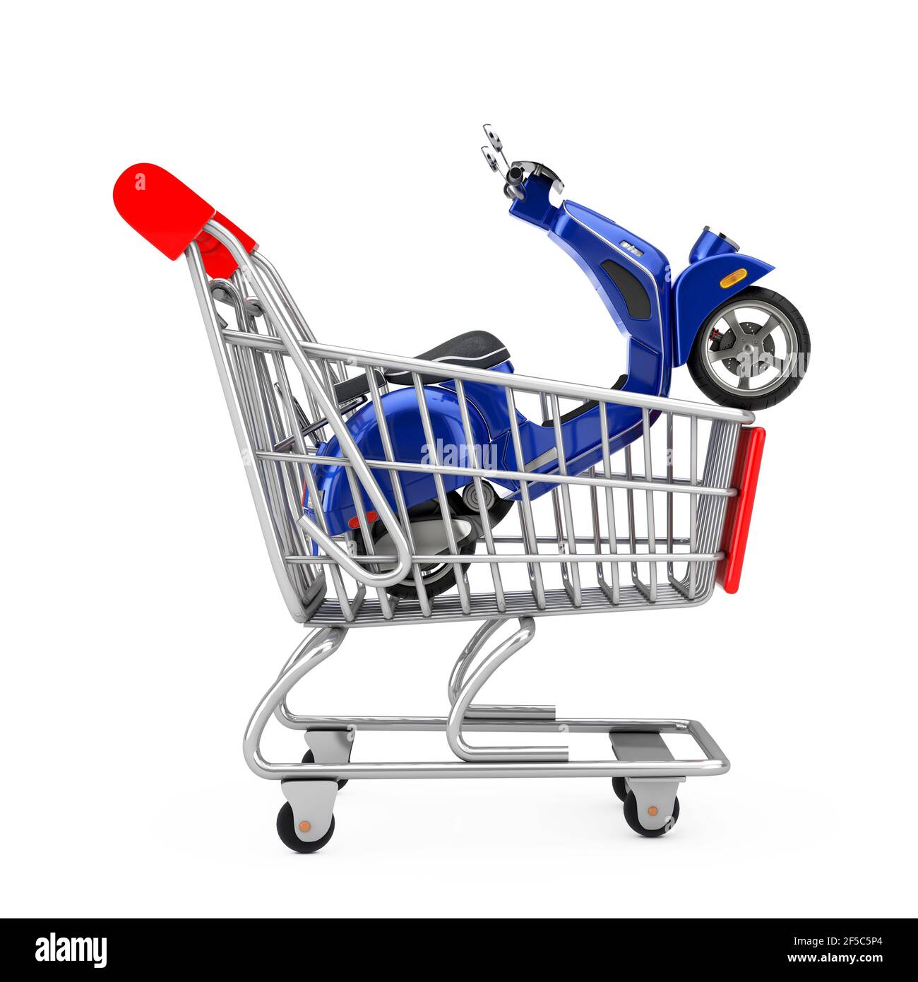 Blue Classic Vintage Retro oder Elektroroller im Warenkorb Trolley auf weißem Hintergrund. 3D Rendering Stockfoto