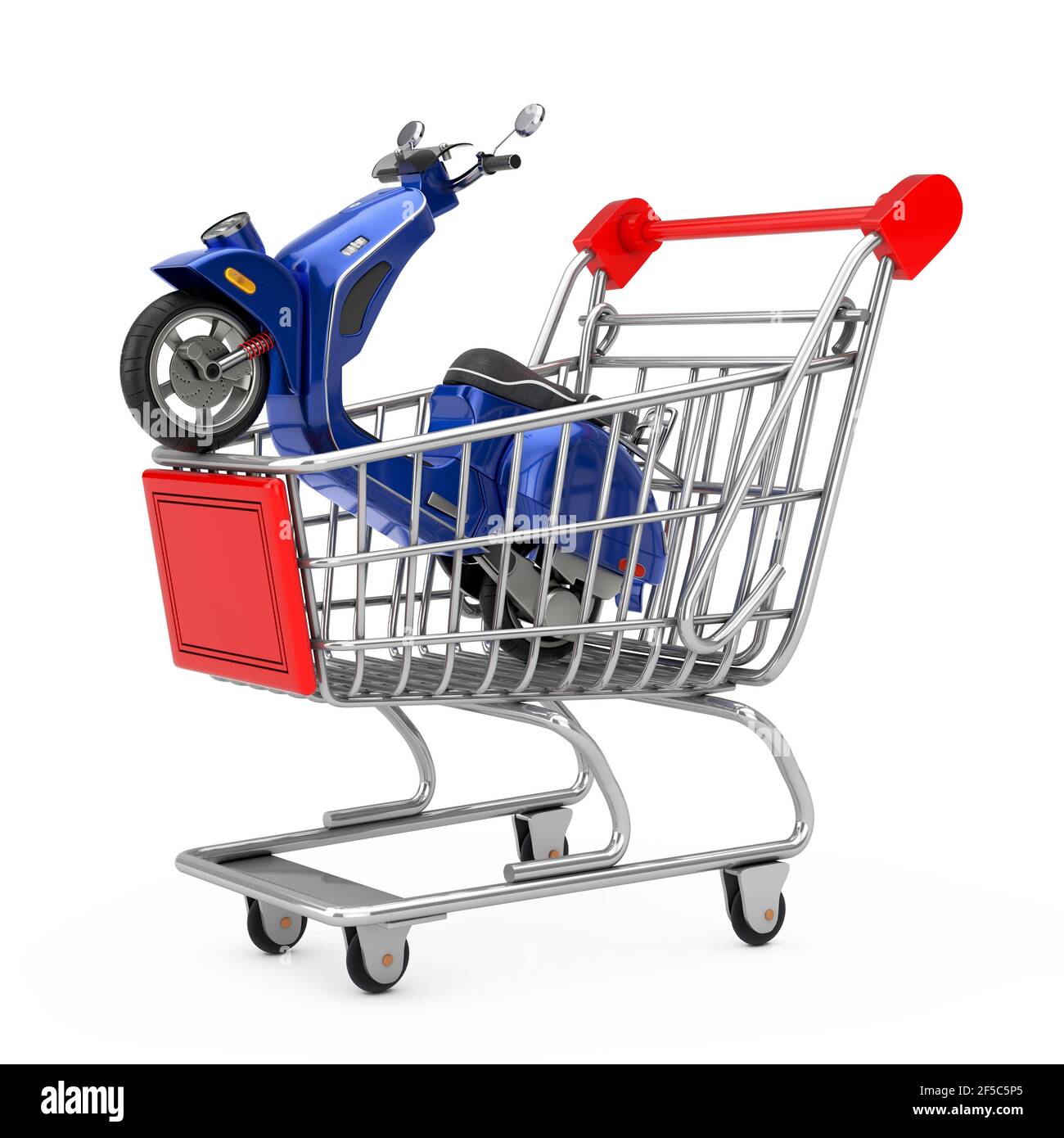 Blue Classic Vintage Retro oder Elektroroller im Warenkorb Trolley auf weißem Hintergrund. 3D Rendering Stockfoto
