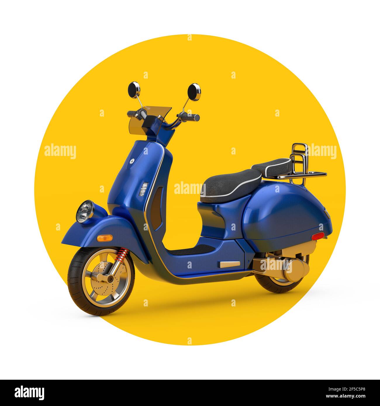 Blue Classic Vintage Retro oder Elektroroller auf weißem und gelbem Hintergrund. 3D Rendering Stockfoto