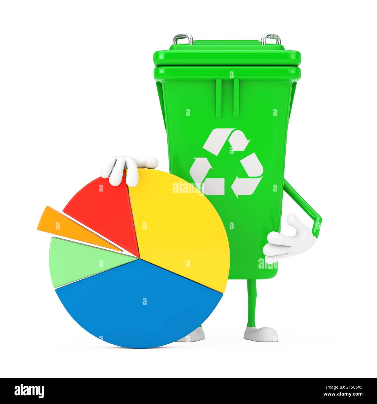 Recycle Sign Green Müll Papierkorb Zeichen Mascot mit Info Graphics Business Tortendiagramm auf einem weißen Hintergrund. 3D Rendering Stockfoto