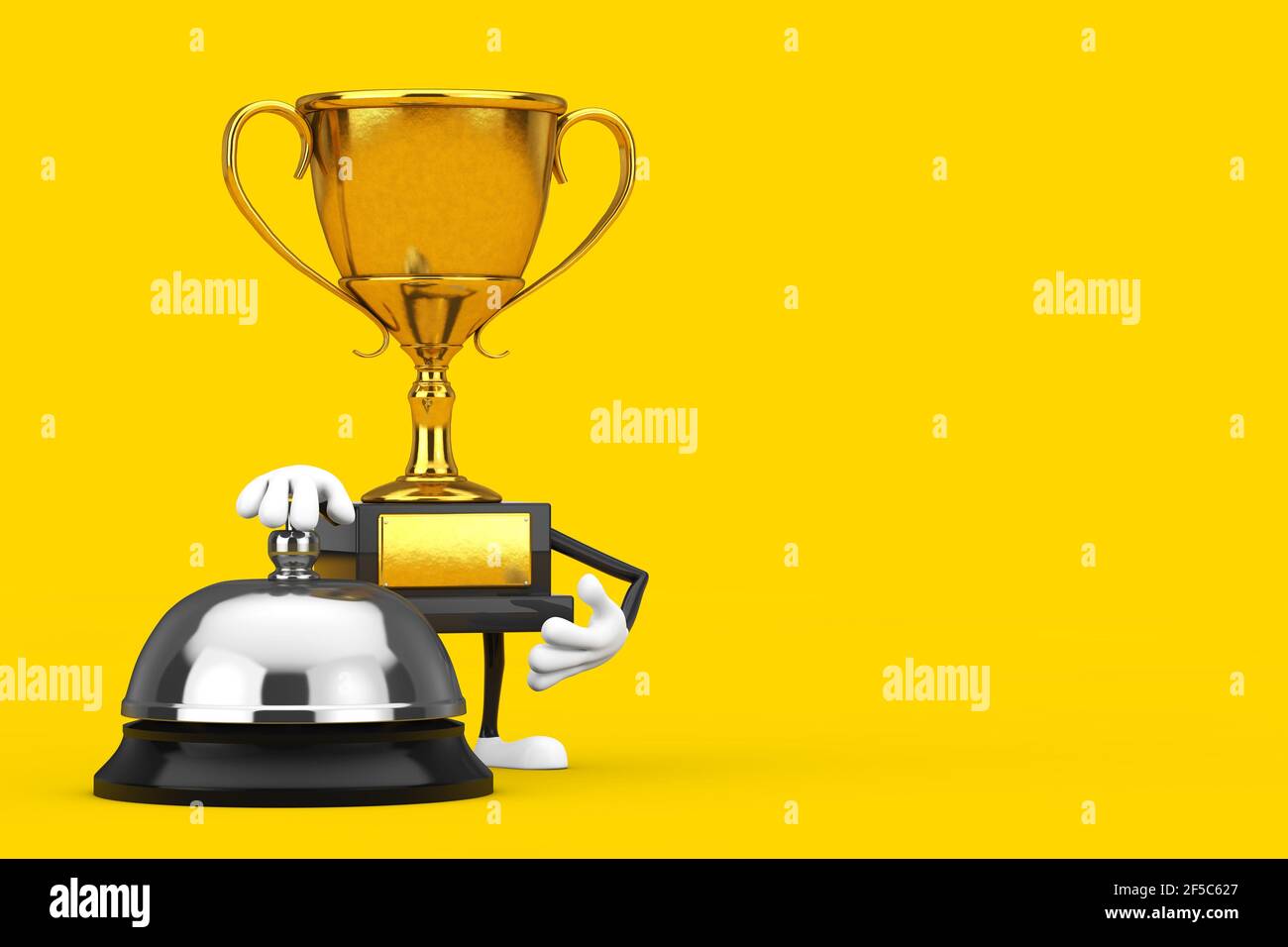 Golden Award Winner Trophy Maskottchen Person Charakter mit Hotel Service Bell auf einem gelben Hintergrund. 3D Rendering Stockfoto