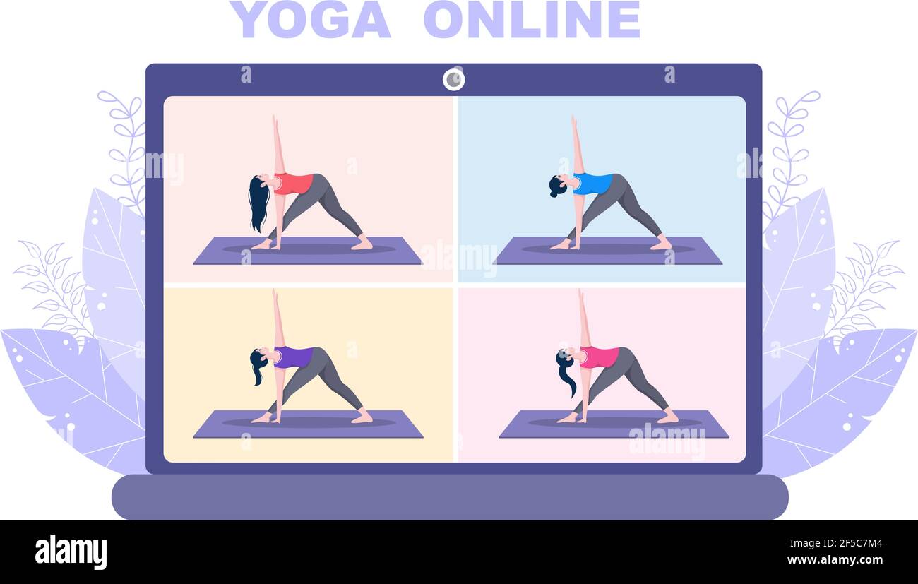 Online-Unterricht, Yoga und Meditationskurse mit Videos, Live-Streaming, Internet-Bildung auf Ihrem Laptop oder Telefon zu Hause. Vektorgrafik Stock Vektor