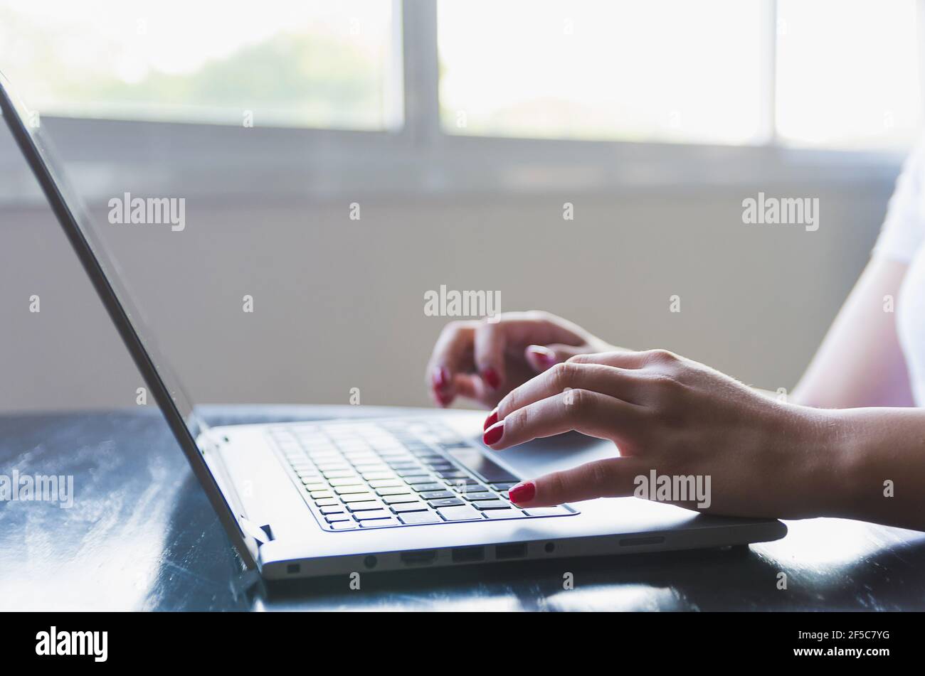 Junge Frau Freiberufler arbeitet am Computer zu Hause. Geschäftsfrau studieren online, mit Laptop-Software, Web-Surfen Informationen oder Shopping in Inter Stockfoto