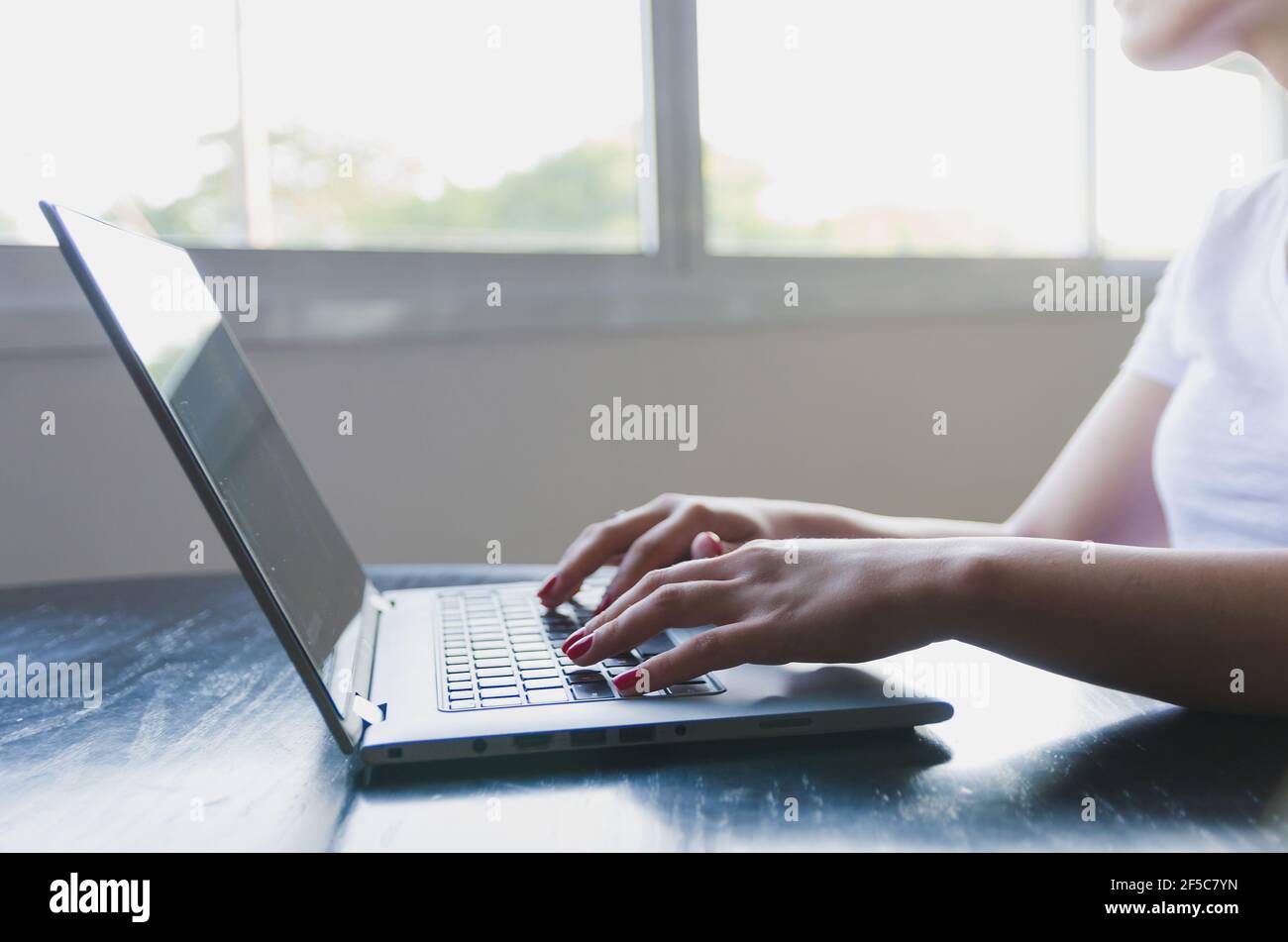 Junge Frau Freiberufler arbeitet am Computer zu Hause. Geschäftsfrau studieren online, mit Laptop-Software, Web-Surfen Informationen oder Shopping in Inter Stockfoto