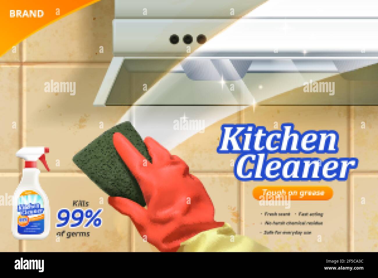 Küchenreiniger Spray Ad-Vorlage, realistische Hand tragen Gummihandschuh mit einem Teppich Reinigung Fliesenwand in der Küche und Kamin Oberfläche, 3D Abbildung. Stock Vektor