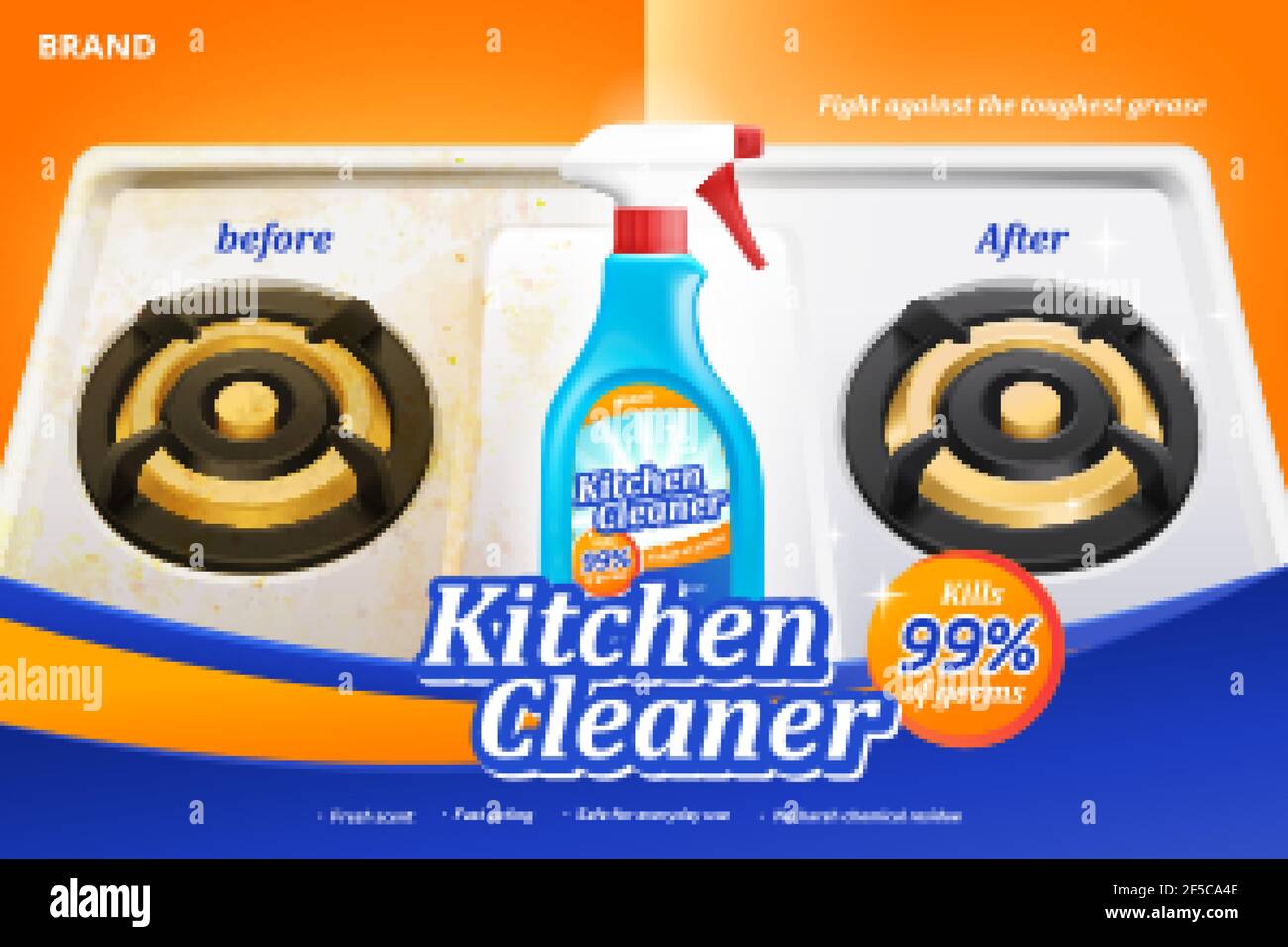 Ad-Vorlage für Küchenreiniger, mit vor und nach der Reinigung Wirkung auf Gasherd, 3D Abbildung Stock Vektor