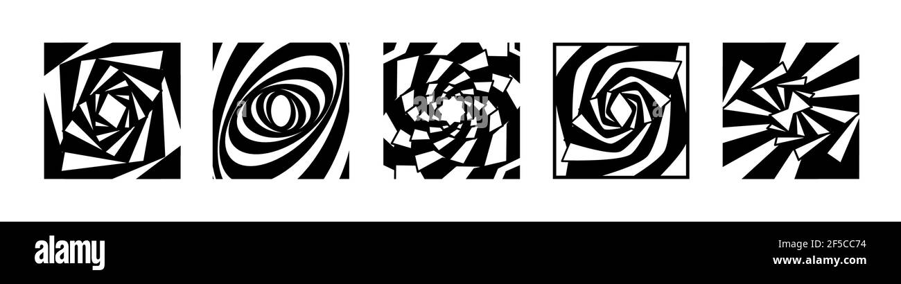 Setzen Sie gestreifte grafische Formen wirbeln in Schleife. Schwarz-weiße Formen, die die Illusion von Bewegung zu schaffen. Optische Wirkung Welle Streifen Bewegung. Vektor Stock Vektor
