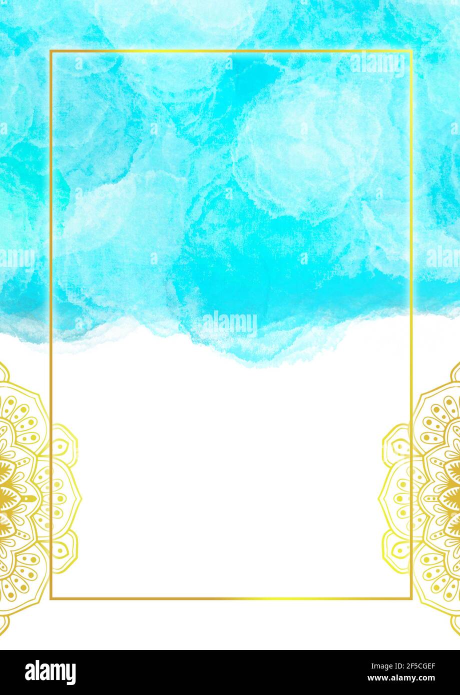 Hintergrund A4 Vorlage Rahmen Layout Design leuchtend blau türkis Wolken Aquarell Mandala floral Ornament Gold weiß edel einfach schön retro Stockfoto