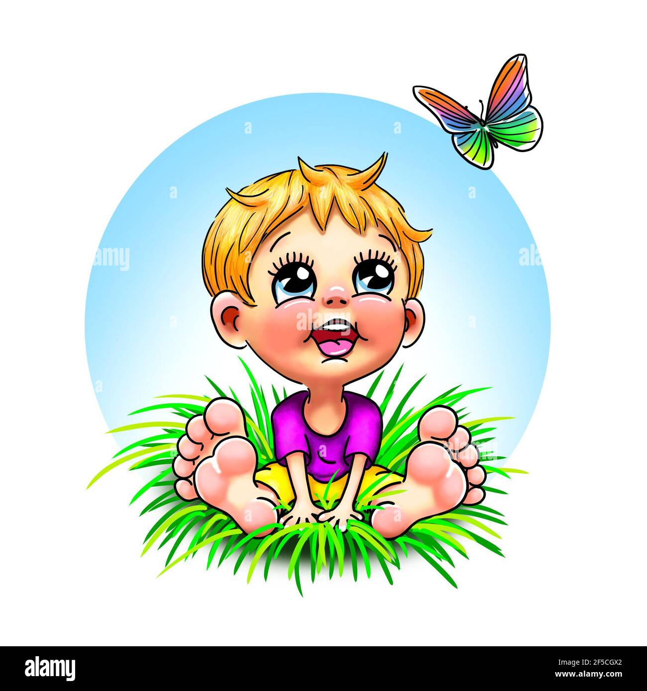 Kleiner Junge barfuß Beine im Gras gestreckt fliegen bunt Schmetterling Hintergrund hell blau niedlich Kinder Illustration Dekoration Umwelt Stockfoto