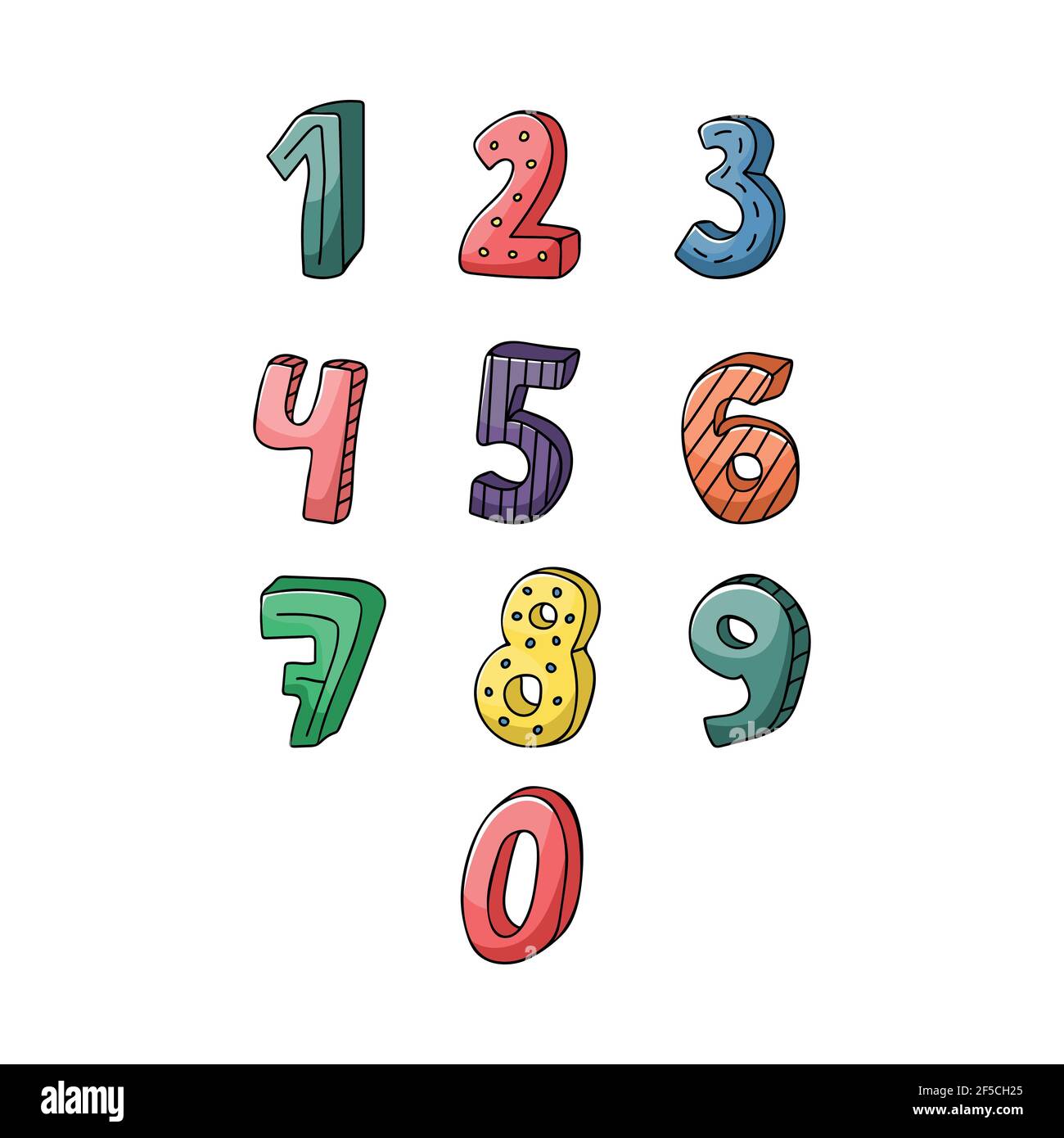 Das Set der kreativen handgezeichneten Zahlen im kindischen Stil. Stock Vektor