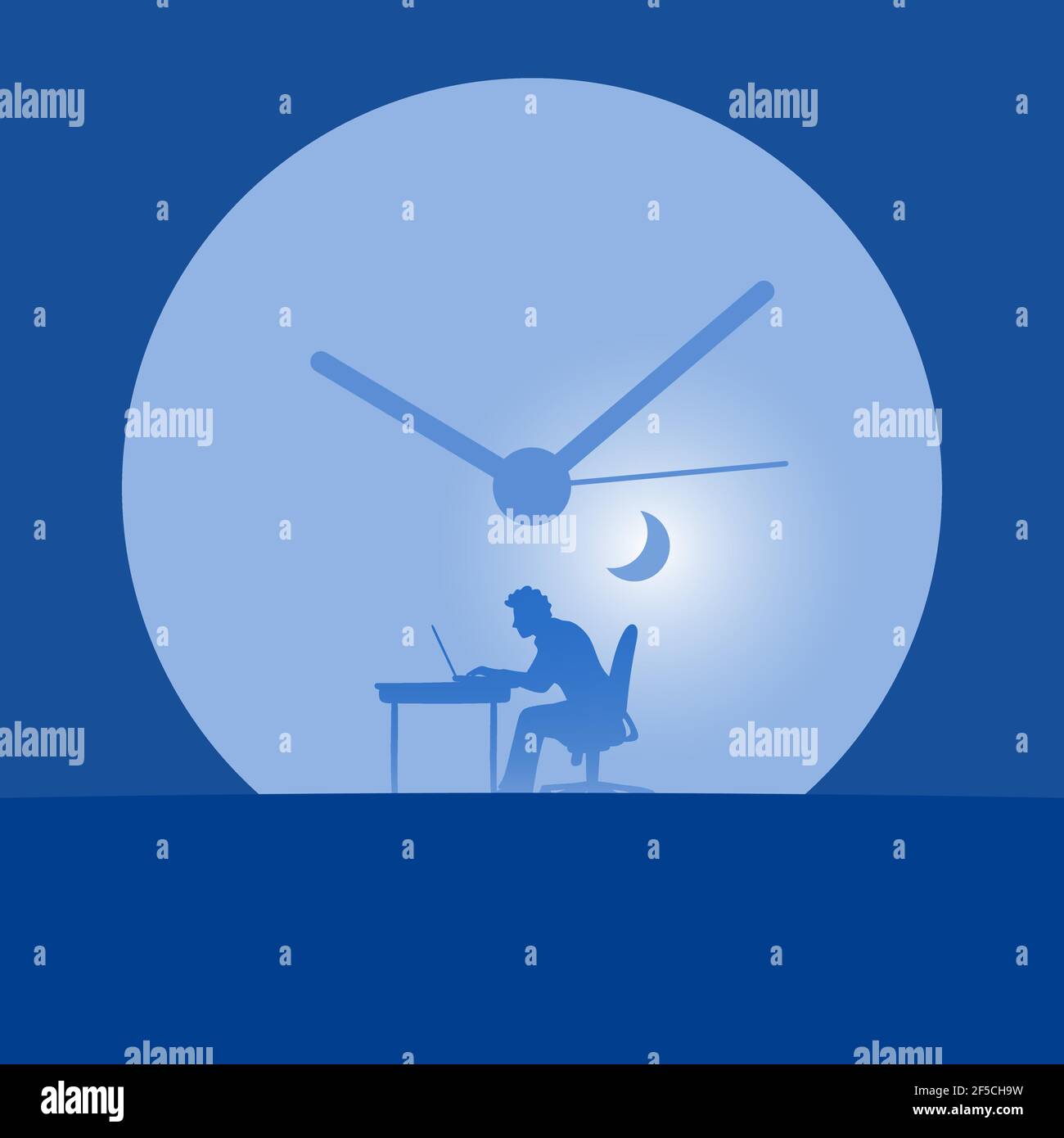 Geschäftsmann mit Laptop-Computer in der Uhr Hintergrund Illustration Vektor. Stock Vektor