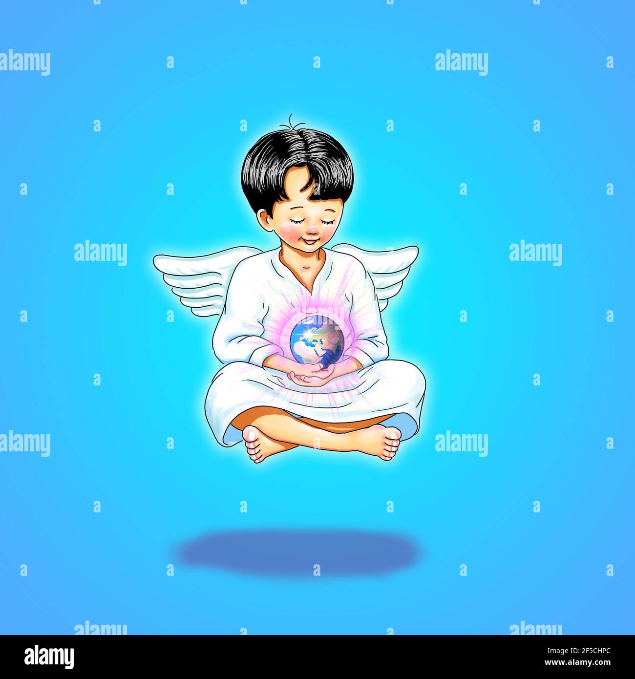 Engel barfuß elohim Erzengel Beschützer Energie Lichtarbeiter Liebe schwimmt Meditation Hintergrund blau hält Erde Hand lächelt Freude Erde Globus Rosa Stockfoto