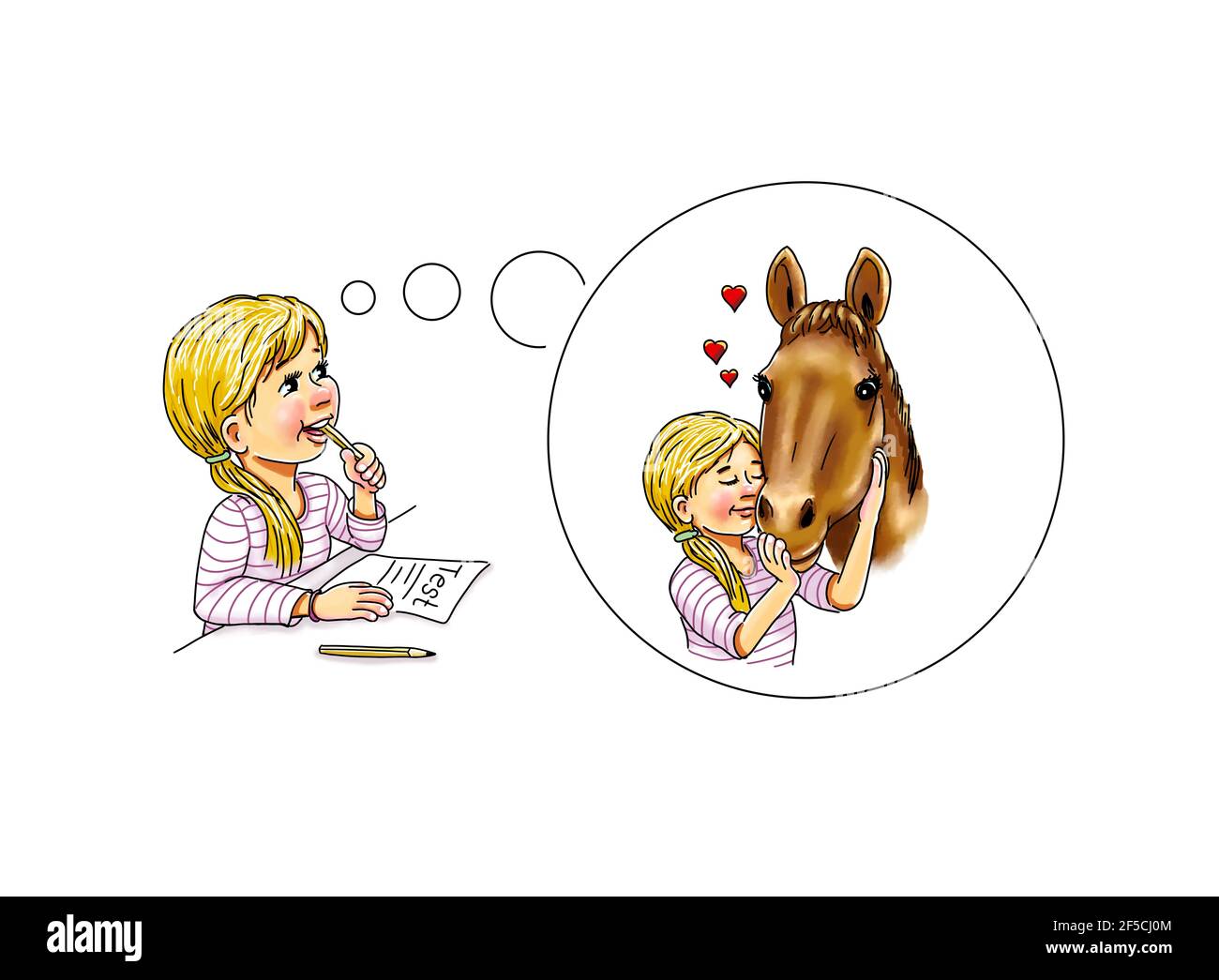 Mädchen Student Schulmädchen Test denkt über Gedanken Blase Phantasie Fantasie Pferd umarmen wenig Herz Kraft Tier helfen, lernen Stress zu unterstützen Überwinden sie fe Stockfoto