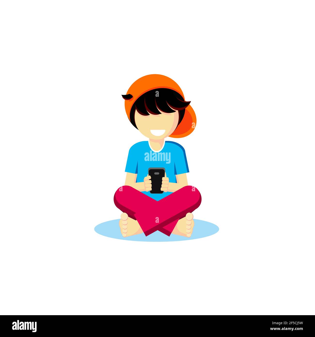 Vector Junge barfuß dunkle Haare sitzt mit gekreuzten Beinen spielt Handy Smartphone sieht lächelt lacht Freude Kind Kindheit Student Freizeit Hobby Spiele Stockfoto