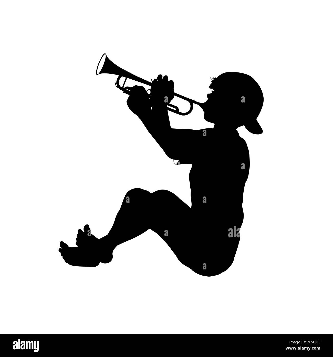 Silhouette Junge Kind spielen Trompete Musikinstrument barfuß glücklich sitzen Joy Sound spielen Üben Schüler Teenager Musik Schule Logo Vorlage Desig Stockfoto